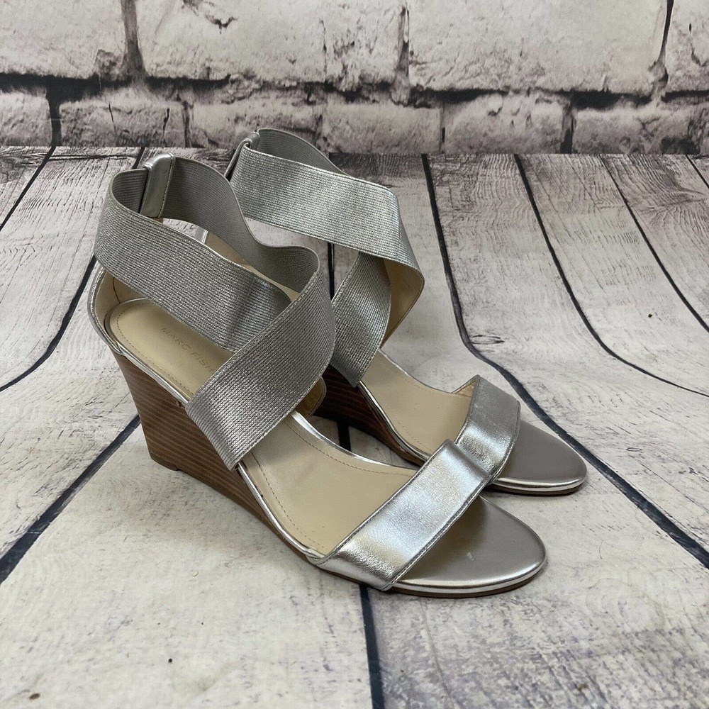 Marc Fisher Shoes Womens Size 11M‎ Cecila Sliver Wedge Sandals Open Toe